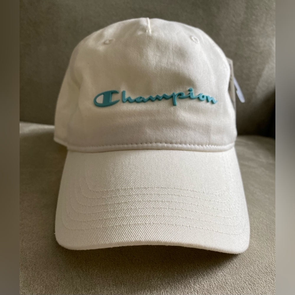Champion White Cap with Teal Blue Logo